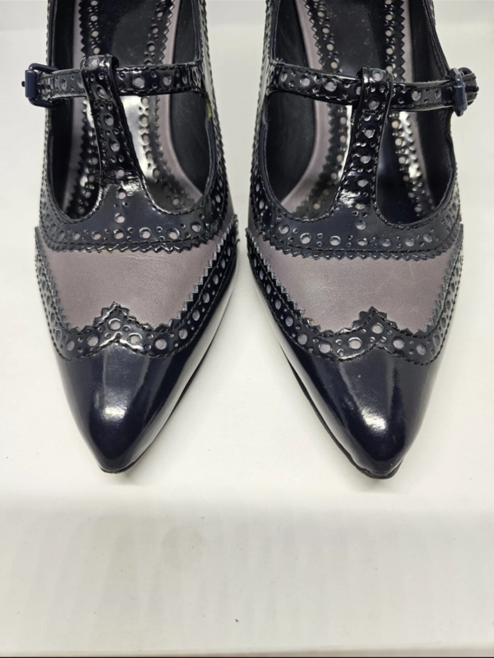 Tory Burch Black and Gray Pointed-Toe Mary Jane Heels - Picture 6 of 8